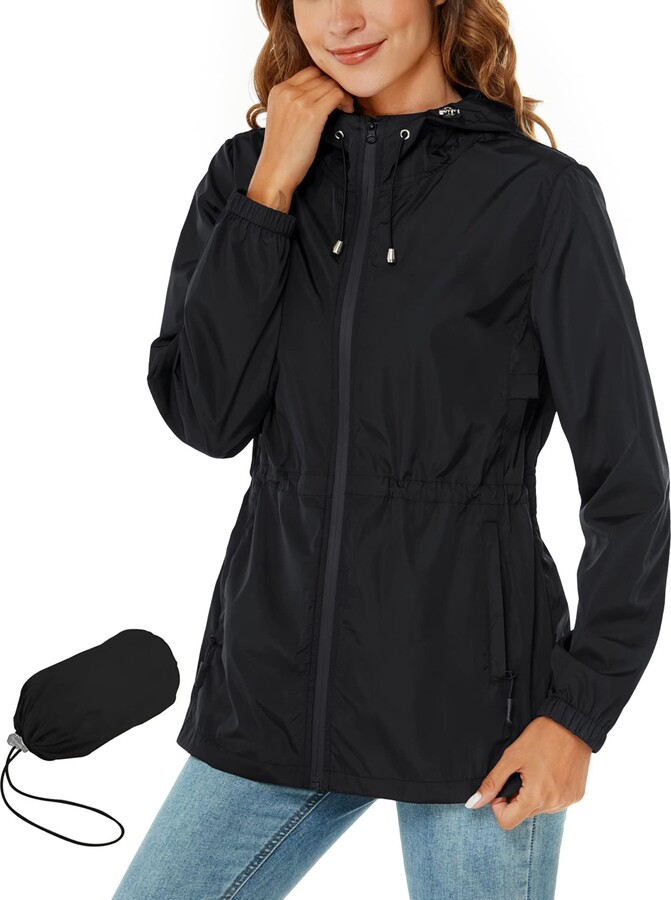 Casual Jacket Womens Black Windbreaker Rain Jacket With Hood