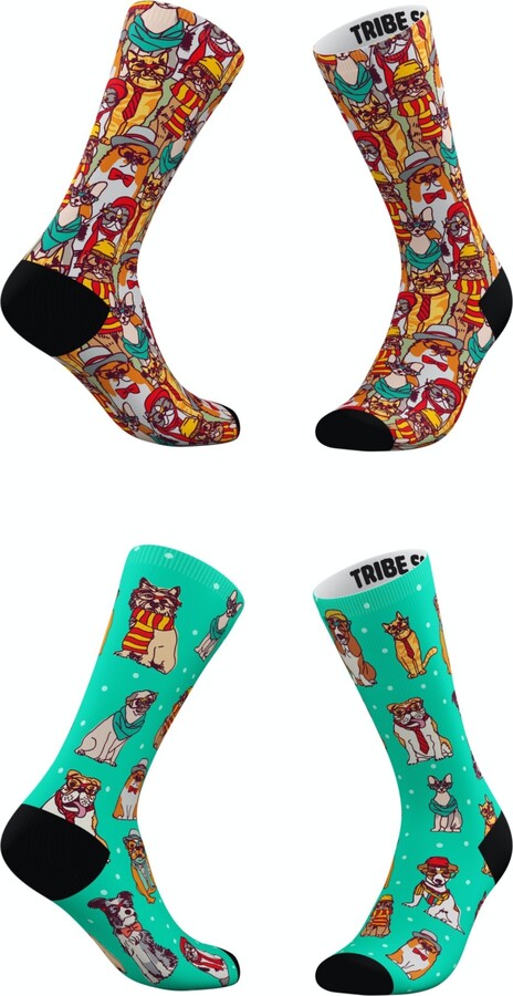 TRIBE SOCKS Men's and Women's Hipster Cat Socks, Set of 2