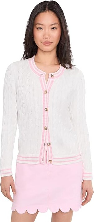 Lilly Pulitzer Brockton Crew Neck Cardigan Women's Sweater Resort White X Conch Shell Pink Tipping : SM Cotton