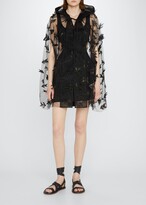 Feather-Embroidered Tulle Hooded 