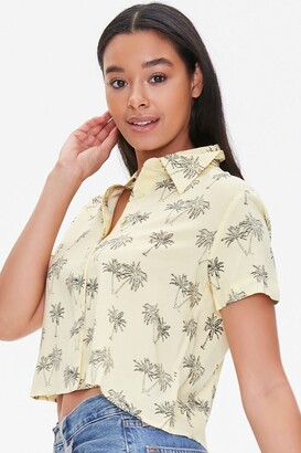 Forever 21 Women's Palm Tree Print Shirt in Light Yellow/Black Medium