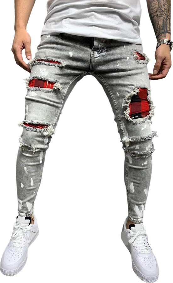 Geagodelia Men's Fashion Ripped Patch Jeans Casual Streetwear Stretch  Tapered Leg Long Skinny Denim Pants for Young Men (Gray - ShopStyle