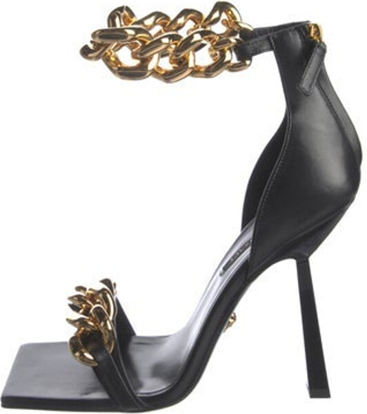 Versace Leather Sandals Black Chain-Link Accents Wrap-Around Straps Includes Box Unfortunately, due to restrictions, this item may not be eligible for shipping in all areas.