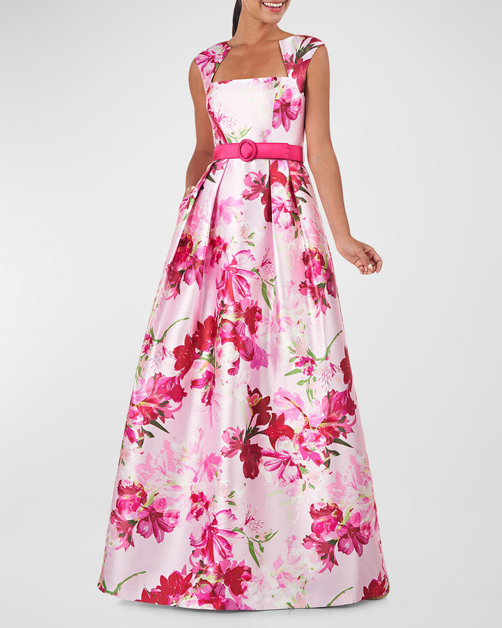 Kay Unger New York Ainsley Pleated Floral-Print Square-Neck Gown ...