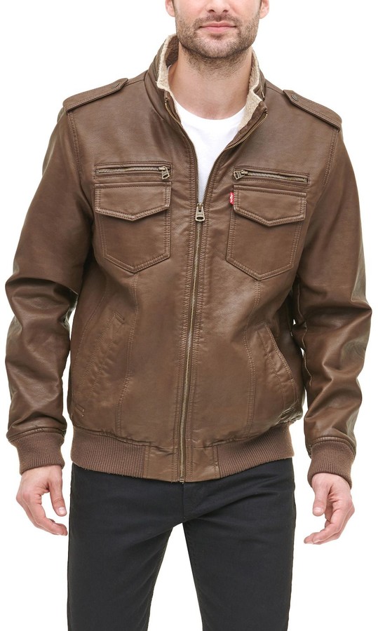 Levi's Men's Faux Leather Sherpa-Lined Stand-Collar Aviator Bomber ...