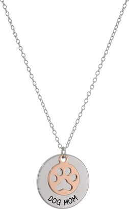 Amazon Collection Sterling Silver "Dog Mom" with 14k Rose Gold Plated Paw Print Disc Necklace