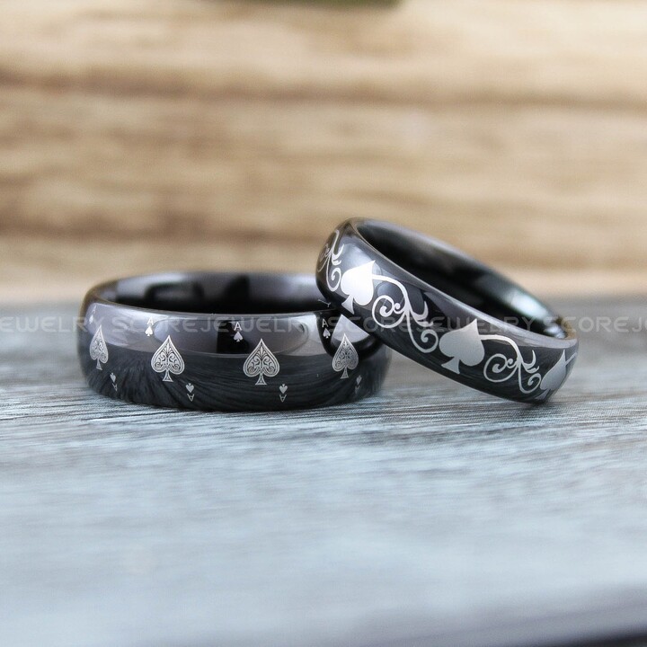 Etsy Ace Of Spades Rings, Poker 2 Piece Couple Set Black Tungsten Bands, Card Suit Pattern Wedding Rings