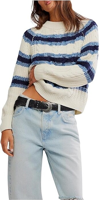 Free People Frankie Cable Striped Pullover Women's Sweater Ivory Combo : XS (Women's 0-2), Cotton
