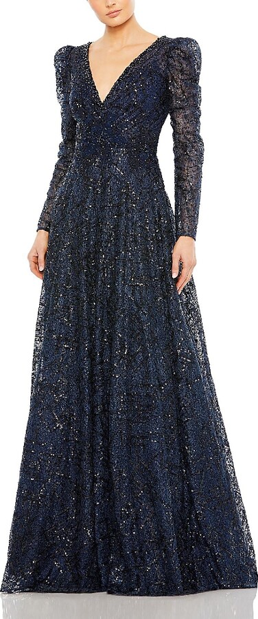 Mac Duggal Embellished V-Neck Long Sleeve A Line Gown