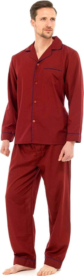 Stylo Online Mens Traditional Pyjamas 2 Piece Set Classic Style Plain Poly  Cotton Pjs Nightwear Lounge Wear Sleepwear Suits Button Up Long Sleeve Shirt  Tops Pants Trousers Bottoms(Burgundy - ShopStyle