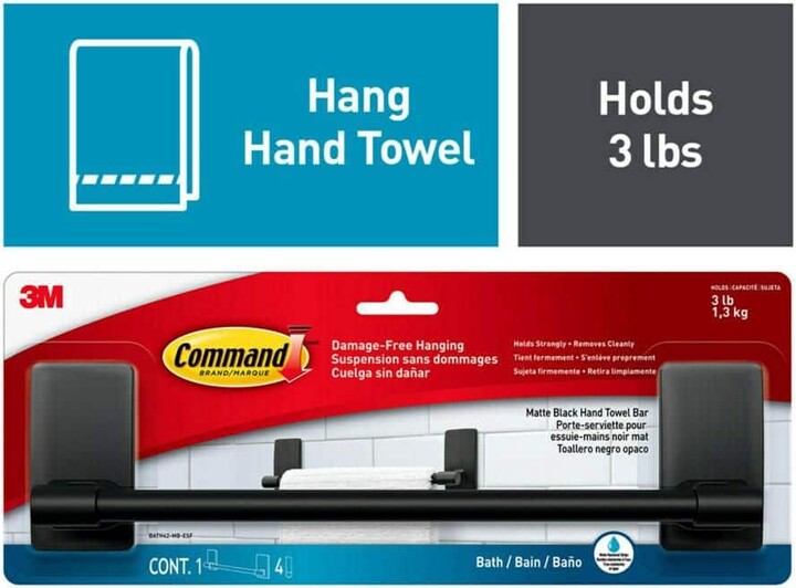 Command 9 in. Towel Bar, Matte Black, 1 Towel Bar, 4 Medium Water-Resistant Strips