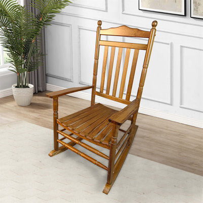 August Grove Solid Hardwood Balcony Porch Rocking Chair With Large Comfortable Seat And Well-Cushioned Armrests For Relaxation