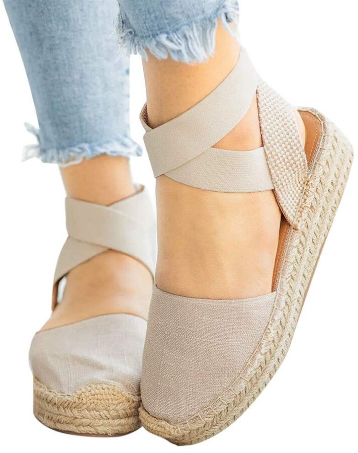 Womens Espadrilles Wedge Sandals Platform Closed Toe Summer Heels Shoe Casual Vintage Ankle Strap Buckle Sandal