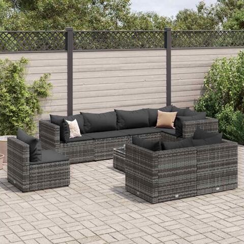 vidaXL Patio Lounge Set with Cushions Sectional Sofa 9 Piece Gray Poly Rattan