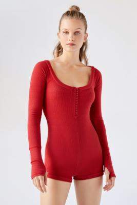 Out From Under Cosy Ribbed Henley Bodysuit - red M at Urban Outfitters