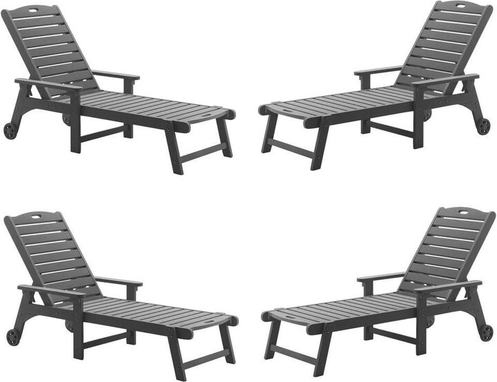 LUE BONA Oversized Plastic Outdoor Chaise Lounge Chair with Wheels and Adjustable Backrest for Poolside Patio(set of 4)Dark Gray