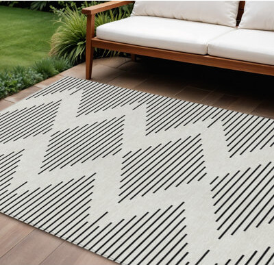 HomeRoots 10' X 14' Ivory And Black Geometric Washable Indoor Outdoor Area Rug