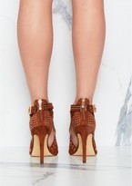 Thumbnail for your product : Missy Empire Fiora Tan Suede Cut Out Studded Buckle Heels