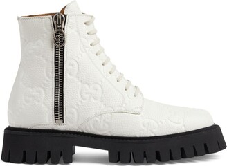 Double G Leather Trimmed Lace Up Boots in Multicoloured - Gucci