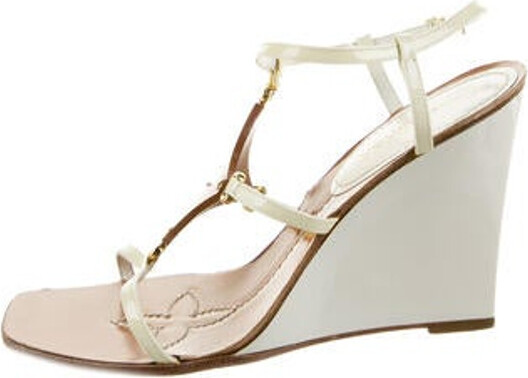 Louis Vuitton White Patent Leather Strappy Fleur Wedge Sandals