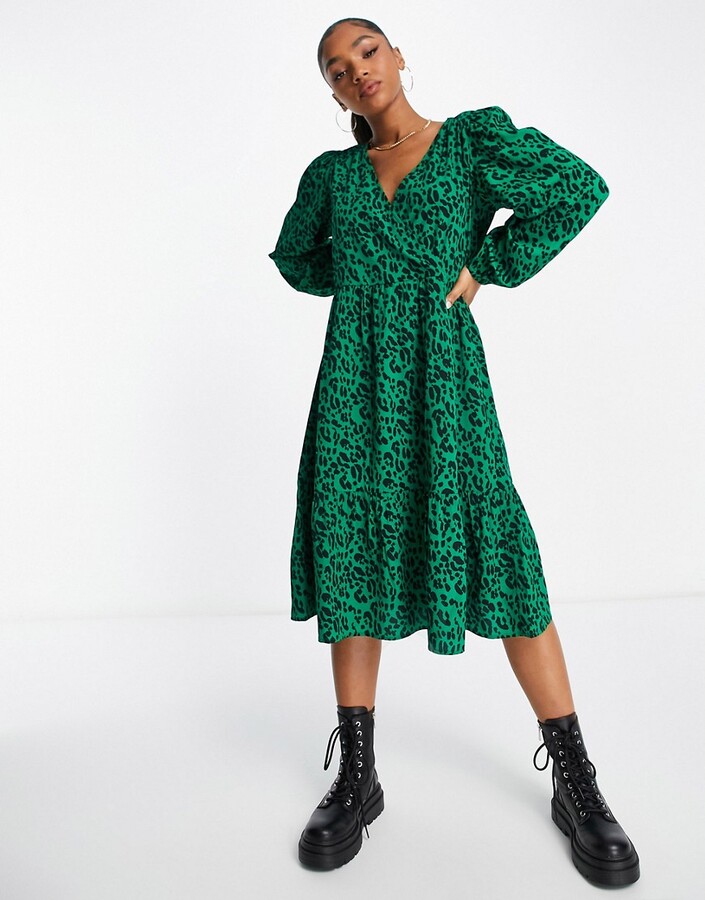 Monki long sleeve dress in green leopard print with slit