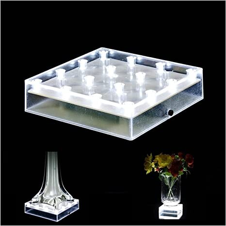 TOPPER SHOW 5 Inch Square Acrylic LED Vase Base Plate Light Eiffel Tower Vase Base USB Charging Port or Battery-powed - with 16 Super Bright White LED Beads