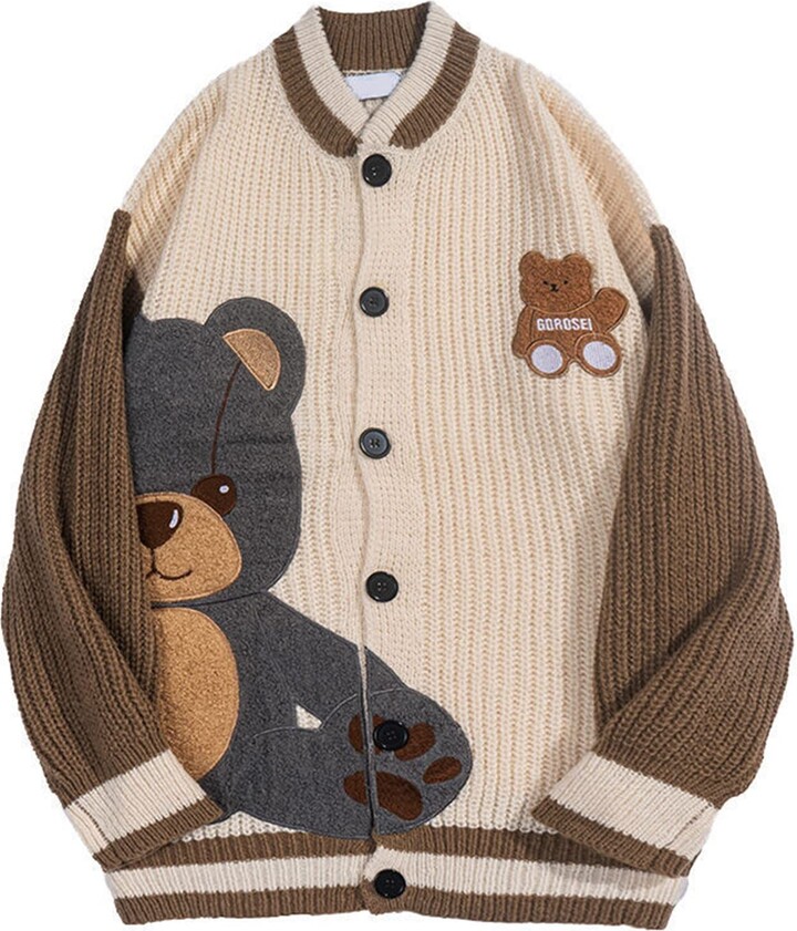 Skateboard Frog Women Varsity Sweater Button Up Knitted Cardigan Cute Bear  Graphic Embroidery Jacket Top (XL - ShopStyle