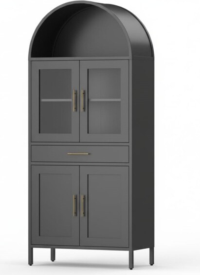 GustoWaveBlackArchedCabinetwithGlassDoors-MetalPantryStoragewithDrawer&AdjustableShelves