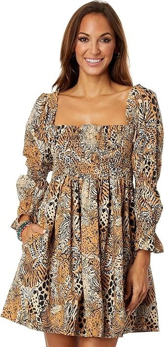 Lilly Pulitzer Beyonca Long Sleeve Smock Women's Dress Rattan Walk On The Wild Side : XS Cotton