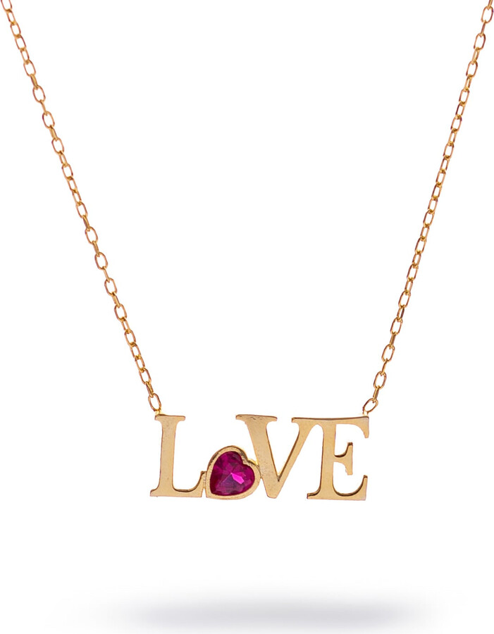Ebru Jewelry Gold / Red Ruby Love Letter Gold Necklace - Red