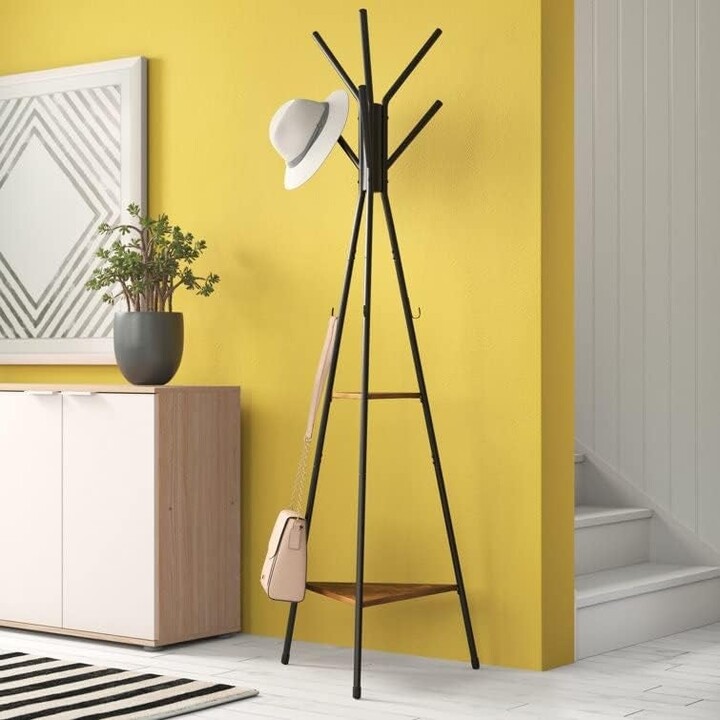 clocityplus Natural Bamboo 5Hook Freestanding Clothing Rack Hanging