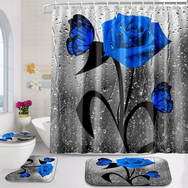 AI'MAGE BlueRosePrinted4PcsShowerCurtainandBathroomRugSetwith12HooksToiletLidCoverMatMulticolorStandard