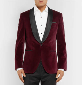 HUGO BOSS Burgundy Hockley Slim-Fit Satin-Trimmed Cotton-Velvet Tuxedo Jacket