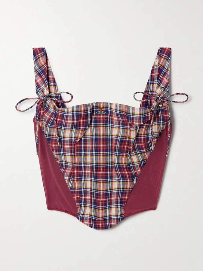 Vivienne Westwood Puppy Mesh-trimmed Checked Linen And Cotton-blend Bustier Top - Red