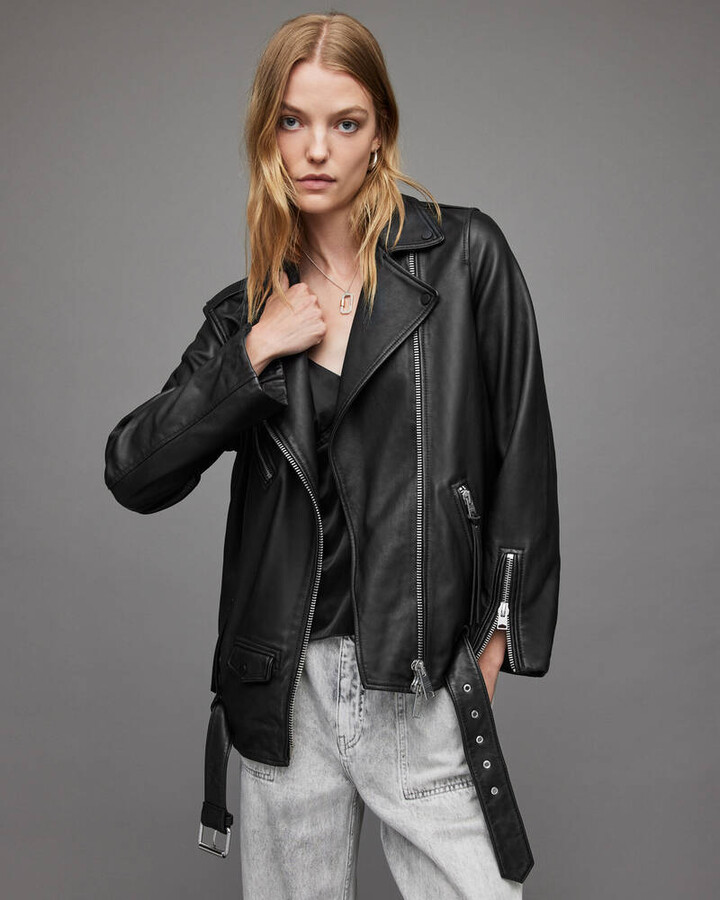 AllSaints Leather elia Shearling Biker Jacket in Black Womens Clothing Jackets Fur jackets 