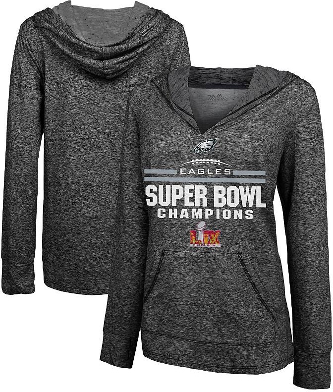 Women's Majestic Threads Charcoal Philadelphia Eagles Super Bowl LIX Champions Edge Rusher Slub Pullover Hoodie