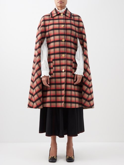 Women's Thick Wool Camel Tartan Checked Cape Cardigan Outerwear 