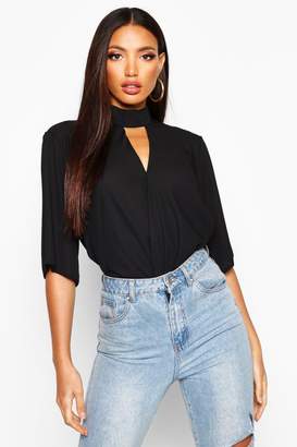 boohoo High Neck Cut Out Choker Wrap Front Blouse