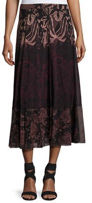 Fuzzi Floral Lace-Print Midi Skirt, Black/Pink