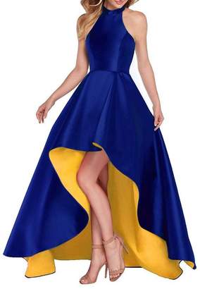 Dannifore Royal Blue Satin Halter High Low Evening Party Dress Sleeveless Yellow Prom Dresses