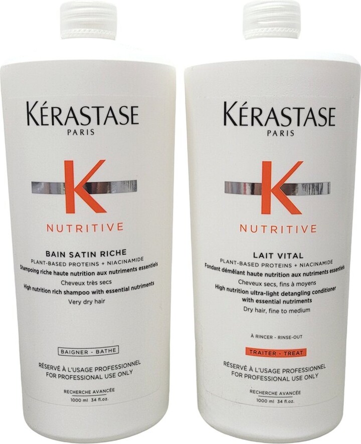 Kérastase Unisex 2 x 34oz Liter Bain Satin Riche Shampoo & Lait Vital Conditioner Duo