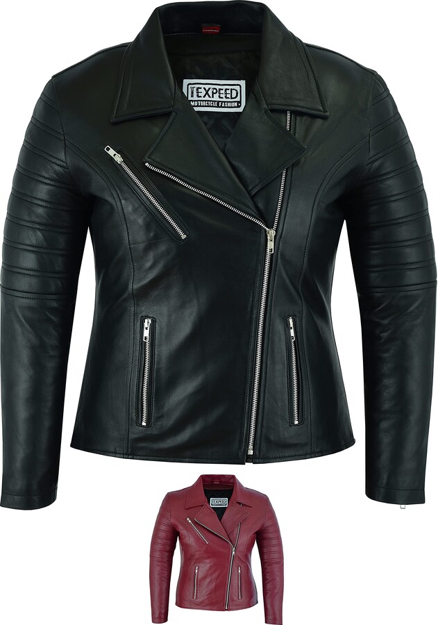 Texpeed Womens Casual Marlon Brando Leather Jacket - Ladies Real ...