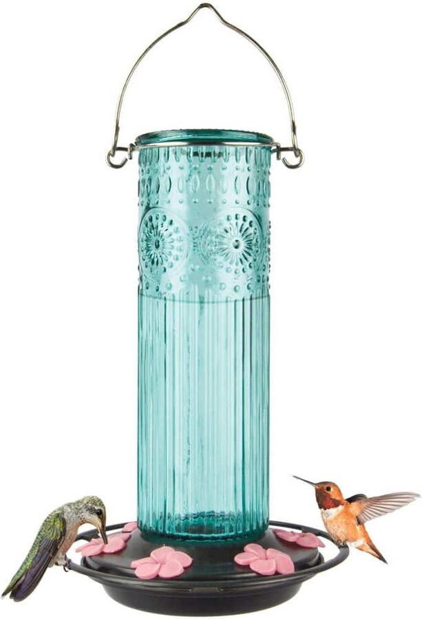 Nature's Way Teal Antique Glass Hummingbird Glass Feeder 28 oz