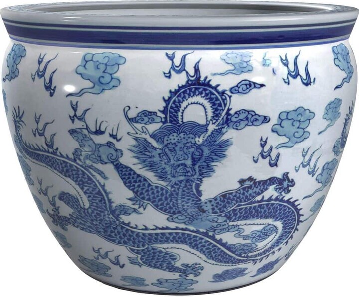 Oriental Furniture 14 in. Dragon Blue & White Porcelain Fishbowl