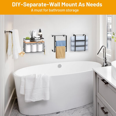 Ruya company Wall Mounted Bathroom Towel Rack With 2 Shelves And Wire Basket - Sturdy Metal And Wood Storage Organizer For Towels And Bathroom Essentials