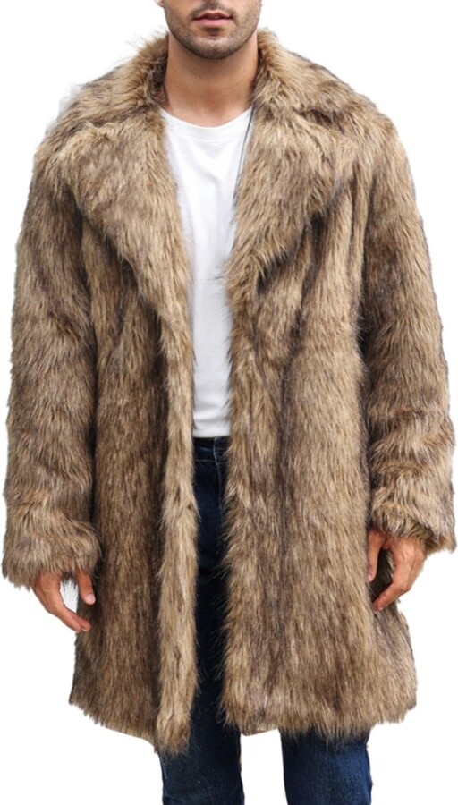 UnoSheng Fur Coat Men's Brown Long Fur Coat Men's Faux Fur Jacket Long
