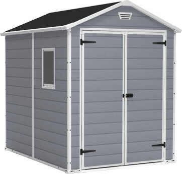 Keter Manor 6x8 ft. Durable Resin Outdoor Storage Shed With Floor and Double Doors for Garden Patio Furniture and Tools, Grey