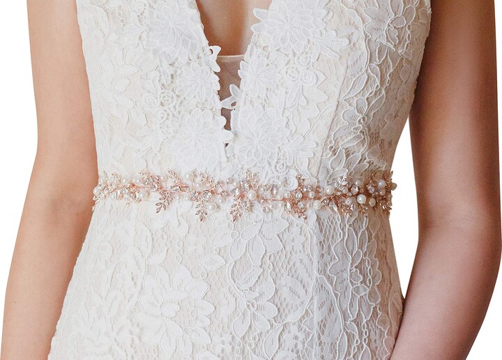 SWEETV Rose Gold Bridal Belt Rhinestone Wedding Dress Belt