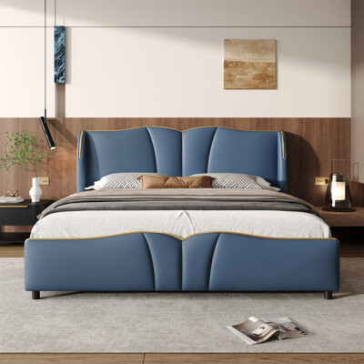 Mercer41 Queen Upholstered Platform Bed With Wingback Headboard And Wavy Footboard