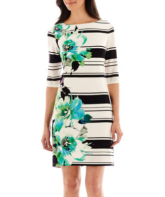 Studio 1 Elbow-Sleeve Floral and Stripe Dress